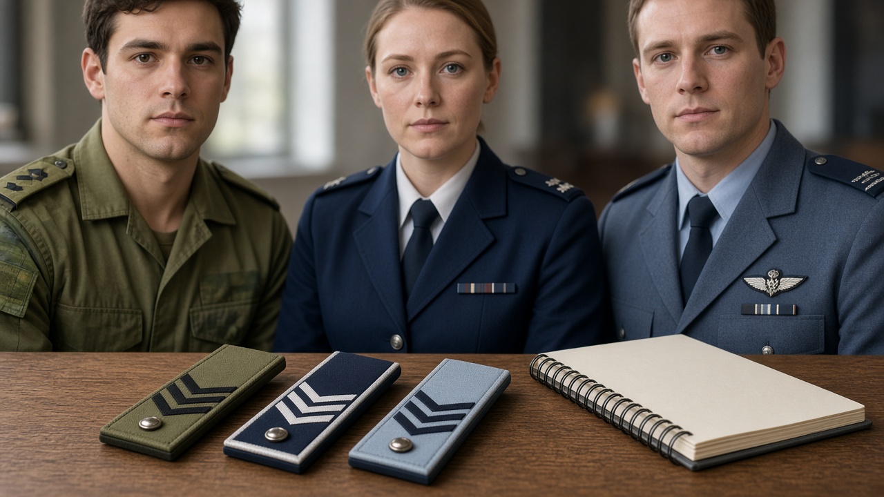 Army corporal, Navy leading seaman, and Air Force corporal with rank insignia on a table