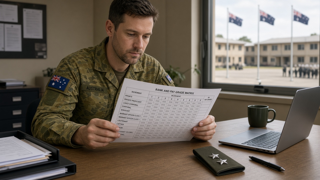 Defence pay clerk tracing rank, increment, and pay grade across an ADF Military Salary matrix