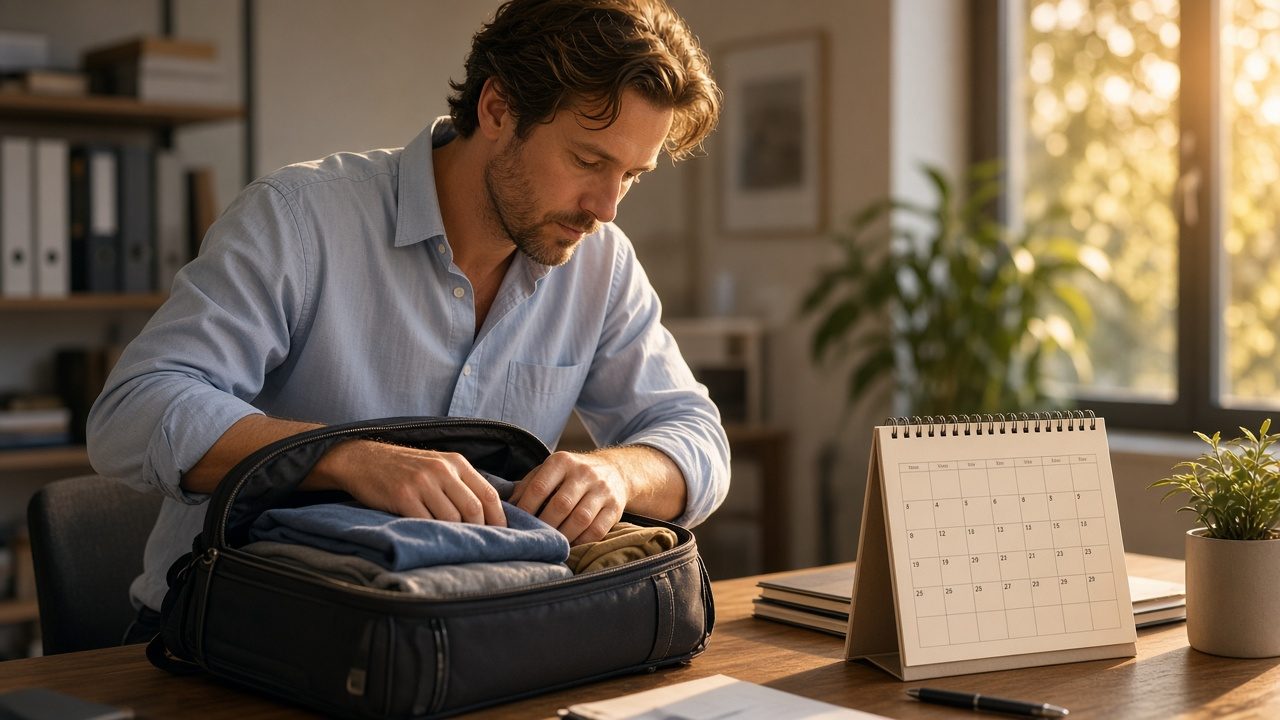 Annual leave calculator: an employee packing a suitcase beside a desk calendar before paid leave