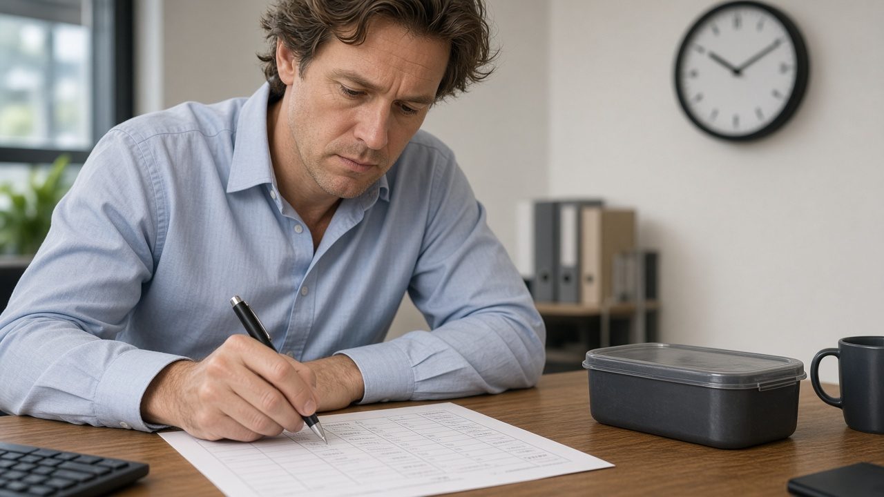 Work hours calculator: an employee completing a weekly timesheet beside a clock and a lunch container