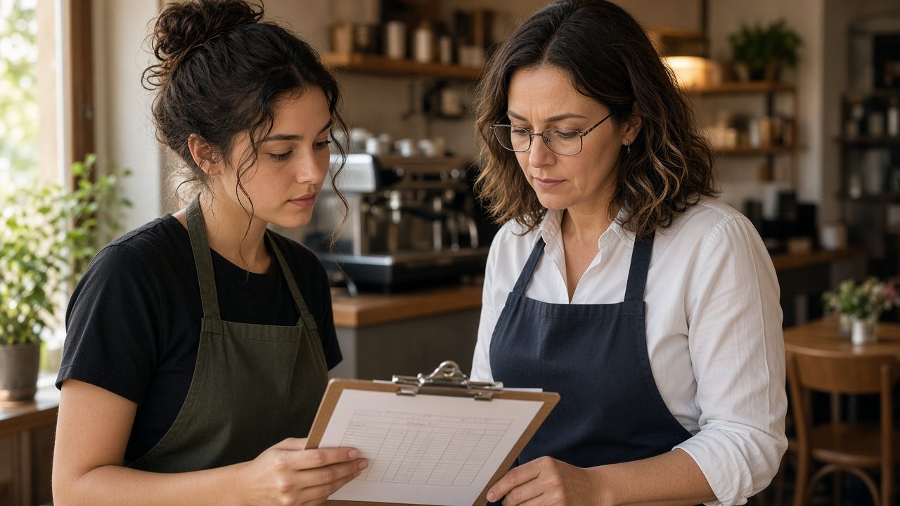 A cafe worker and a supervisor looking at a roster clipboard during a quiet afternoon