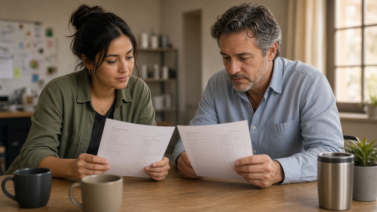 A casual clerk and a full-time clerk comparing payslips in an office break room