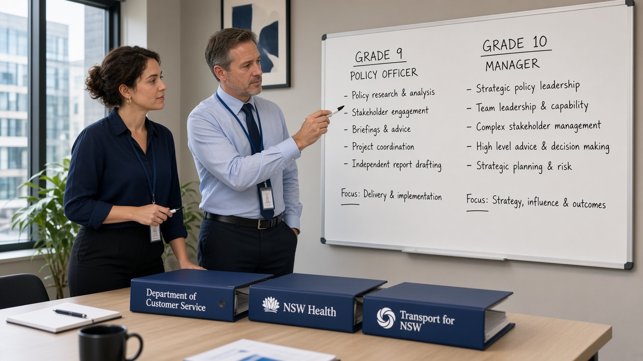 NSW Grade 9 policy officer and Grade 10 manager comparing classification descriptions in a meeting room