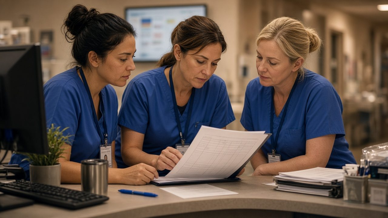NSW Health nurse salaries: public hospital nurses reviewing a pay-step chart at a nurses station