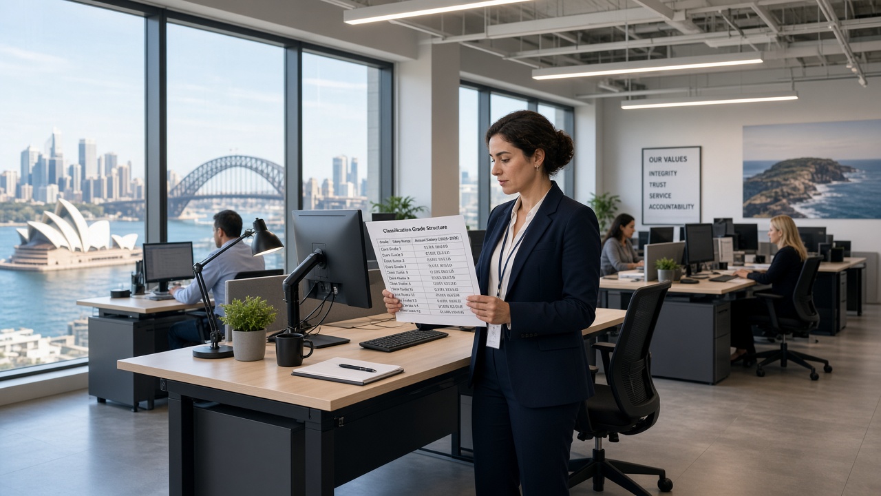 NSW public servants in a Sydney government office reviewing a clerk classification grade chart