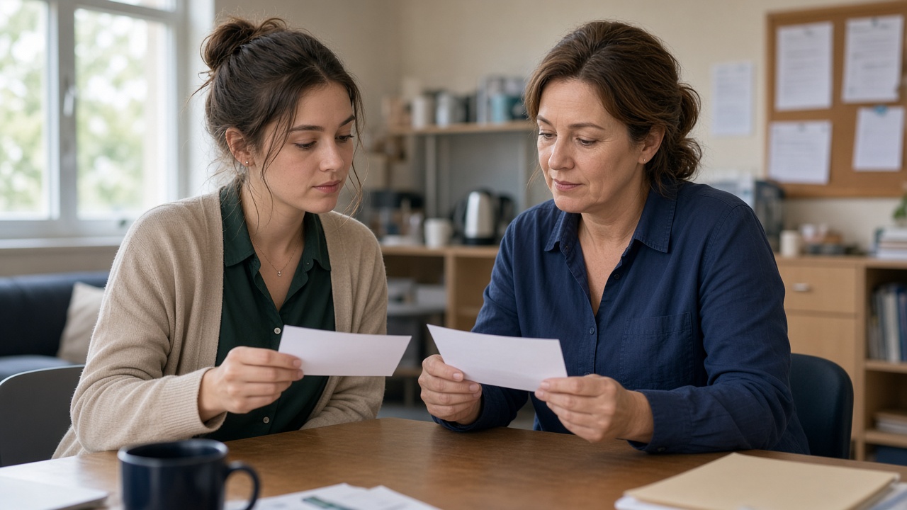 A graduate NSW teacher and a senior classroom teacher comparing pay notes in a staff room