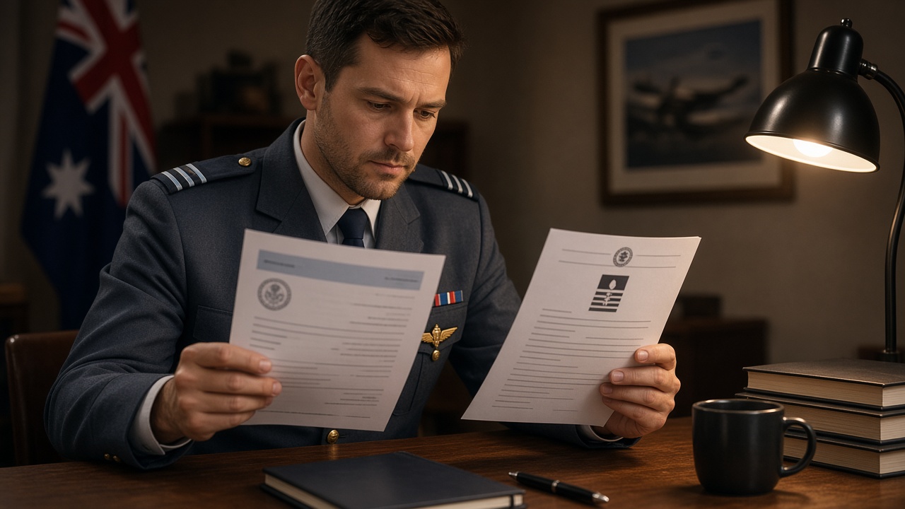Royal Australian Air Force flying officer comparing a payslip with rank notes at a desk