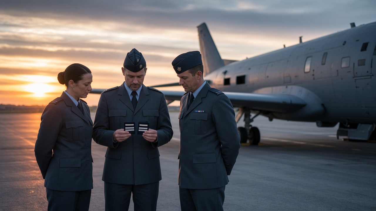 Royal Australian Air Force aviators reviewing rank slides beside an aircraft at dawn