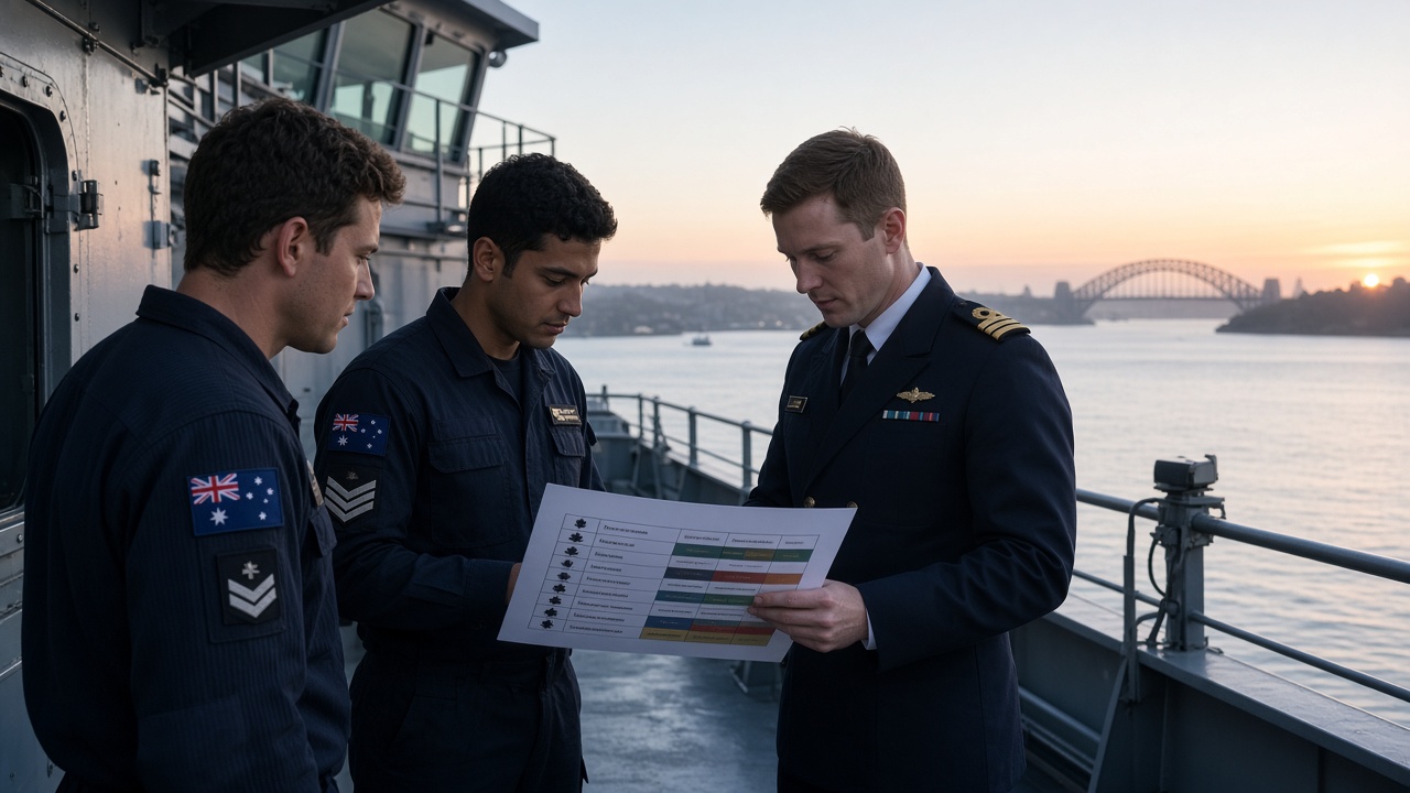 Royal Australian Navy sailors and an officer reviewing rank notes on a ship at dawn