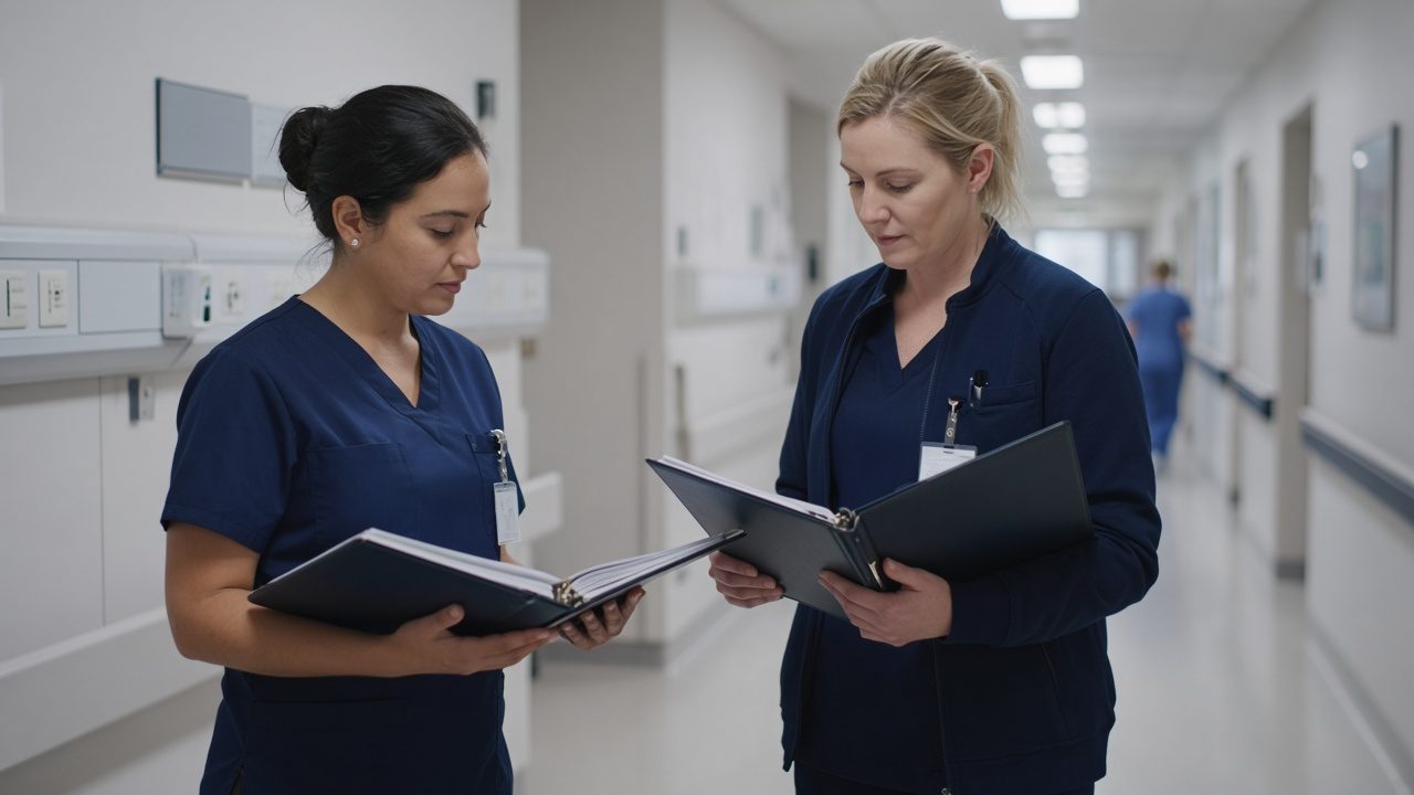 An enrolled nurse and a registered nurse comparing separate roster folders in a South Australian hospital corridor