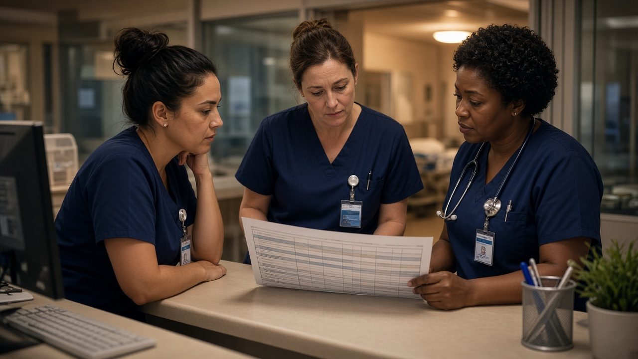 SA Health nurse salaries: public hospital nurses reviewing a classification chart at a nurses station