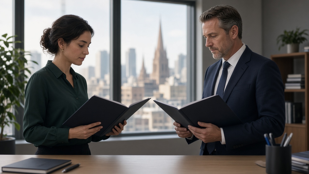 Two Victorian public servants comparing separate VPS classification folders in a Melbourne office